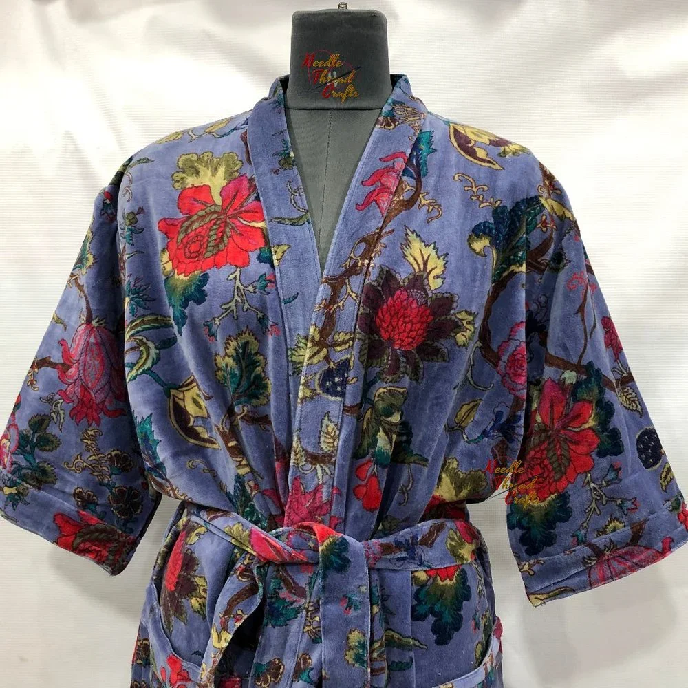 Floral Print Velvet Kimono Luxury Jacket, Party Boho Robe Lounge Wear - Unisex - Picture 1 of 16